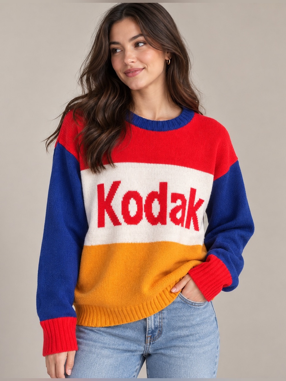 Kodak Colorblock Crewneck Sweater in Red, Blue & Gold